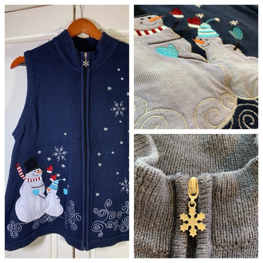Ugly Christmas Sweater Vest Womens Large Snowman Knit Zips‎ Winter Holiday